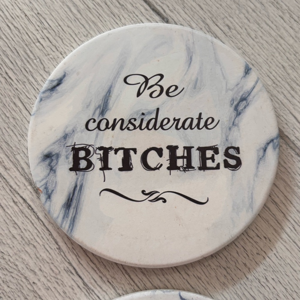 Set Of 4 Naughty Coasters White Marble Print 4” Graphic Moisture Absorbing - Picture 3 of 6